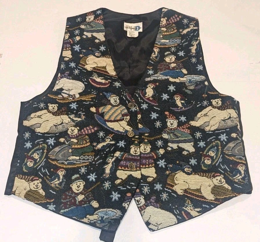 Vintage 80s 90s Paul Harris Design Tapestry Christmas Winter Vest Polar Bears M