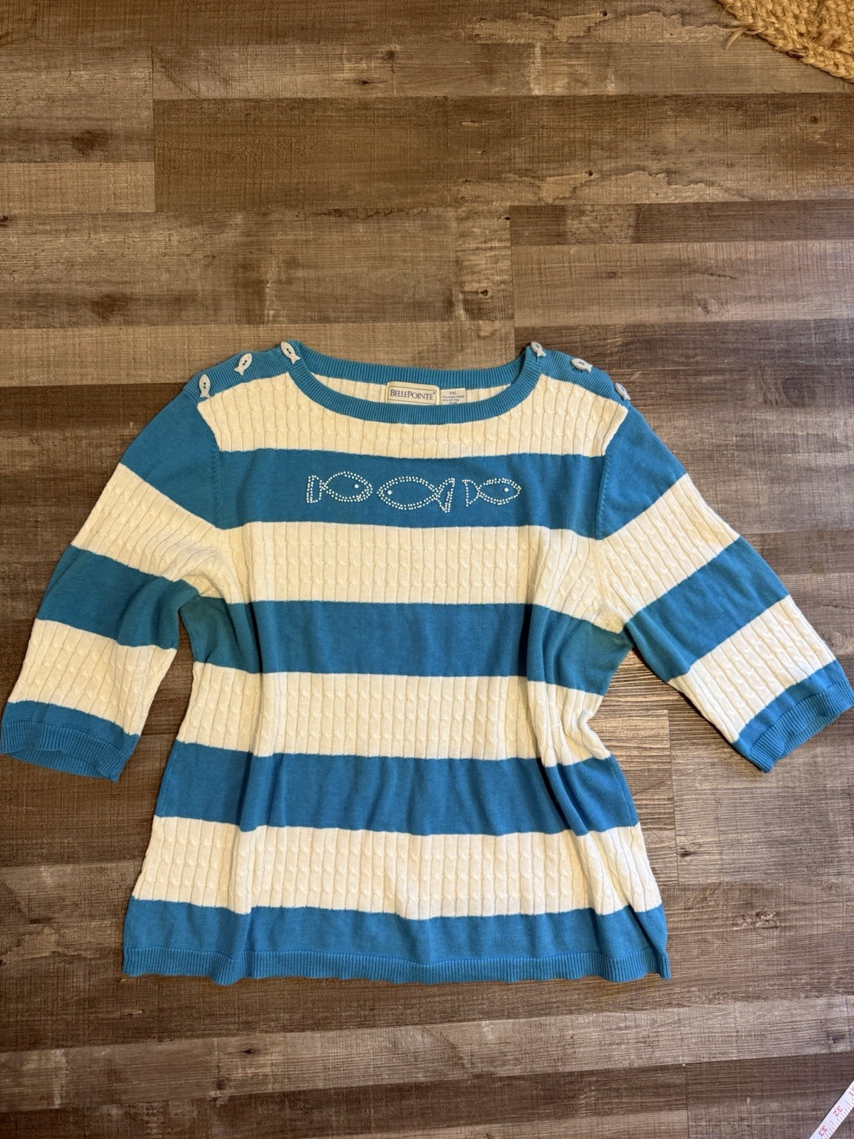 Vintage Bellpointe Striped Beaded Fish 3/4 length Sweater Sz XXL