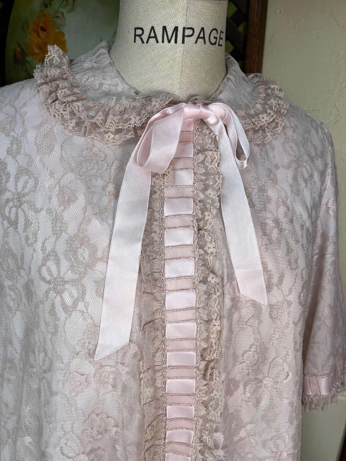 VTG Odette Barsa Floral Lace Robe & Pink Chiffon Nightgown Peignoir Coquette M/L