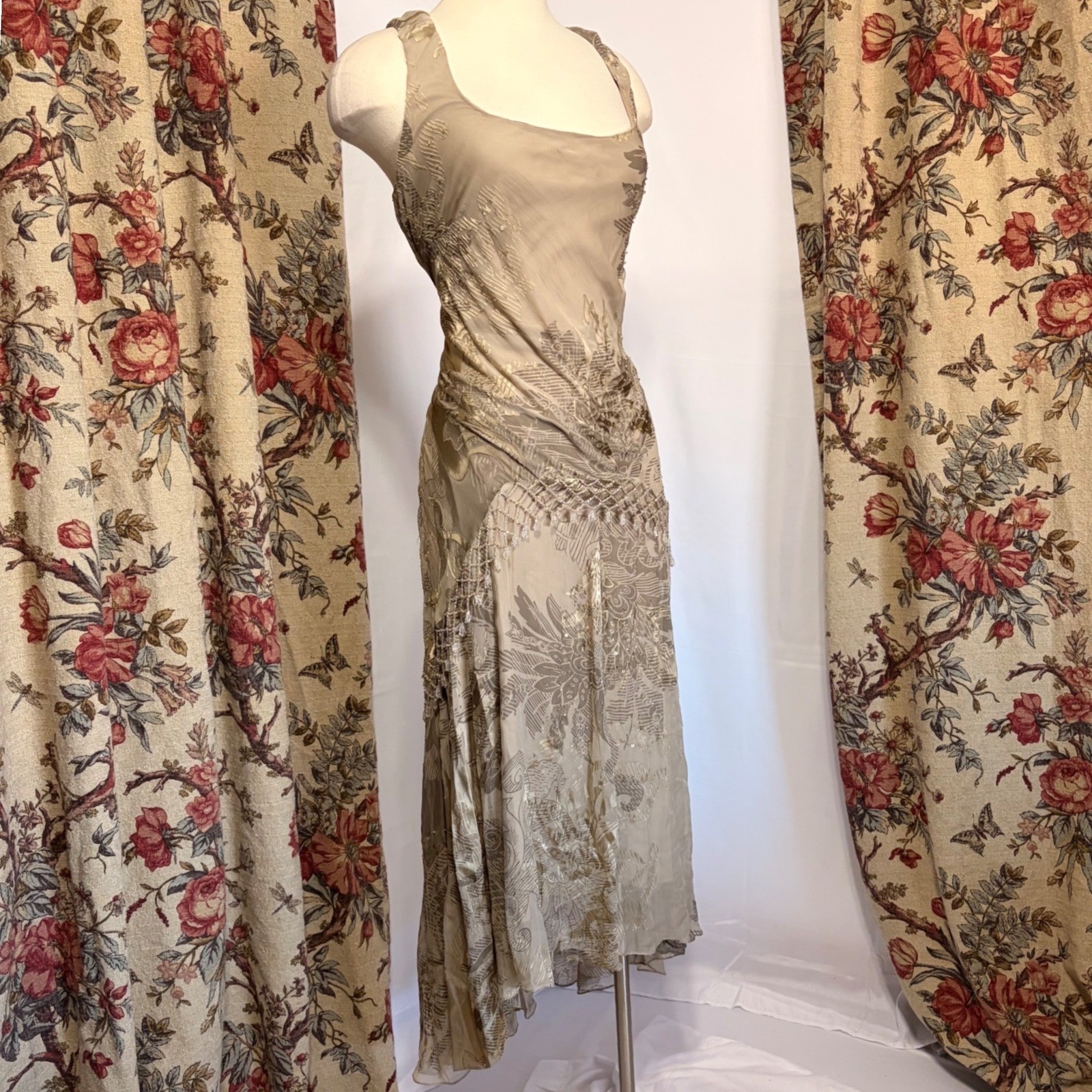 Alex Evenings Vintage Beige Floral Beaded gown with gorgeous fringe detailing