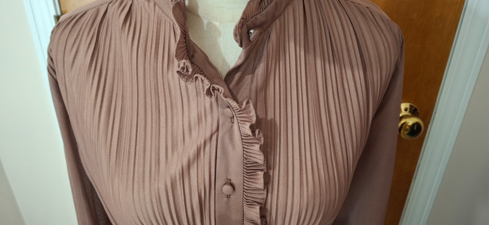 Hal Ferman Vintage Dress Pleated Mocha Brown Belt Flared Skirt Long Sleeve Sz 14