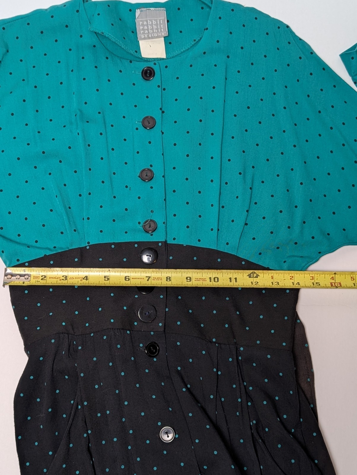 Vtg. 1980’s Women’s Rabbit Designs Belted Green/Black Polka Dot L/S Dress Size 8