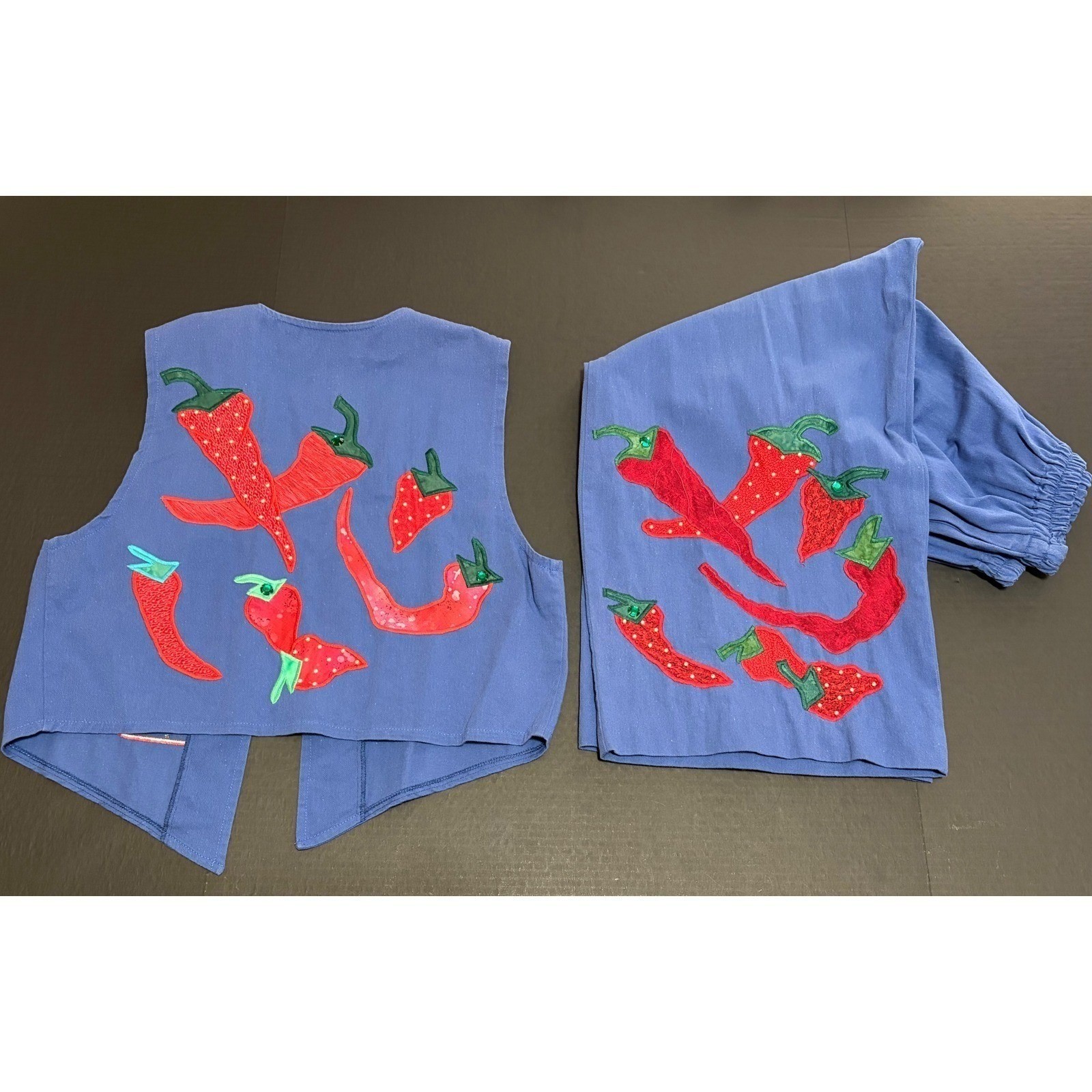 Vtg Alfredo’s Wife S 2 Pc Vest Wide Leg Pants Chili Pepper Appliqué Southwest