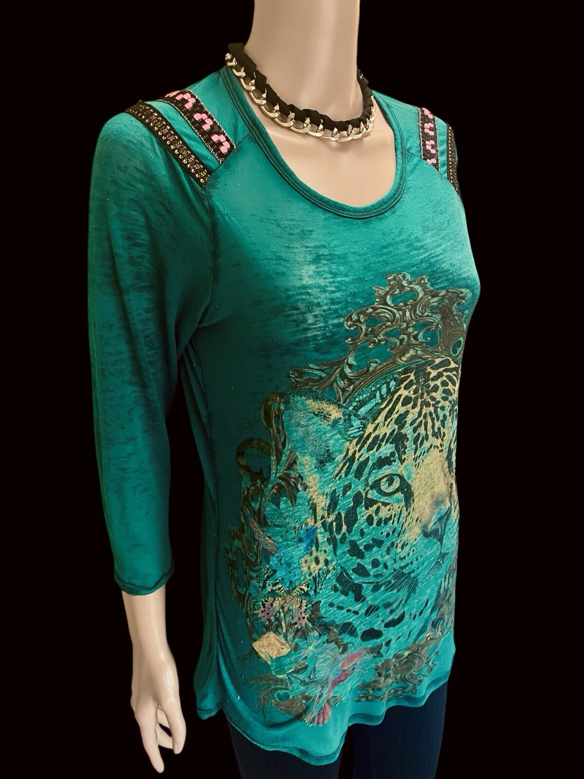 Custo Barcelona Top Vintage Y2K Leopard Print Graphic Cotton Burnout Boho Luxe
