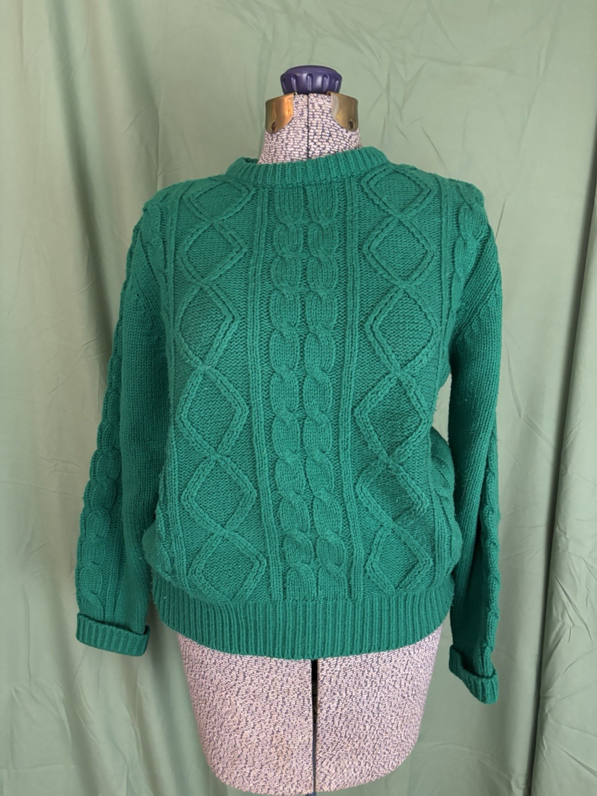 Vintage Sweater Women’s Small Chunky Green Cable Knit Retro Christmas Ugly