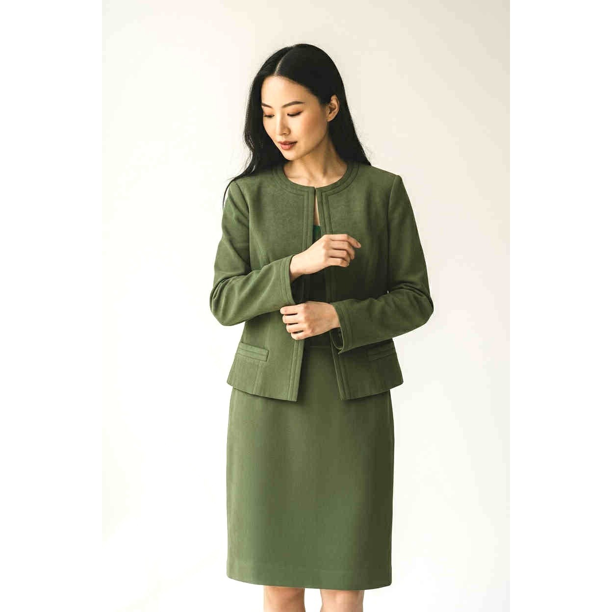 Vintage 70s James Chen Hong Kong Brushed Suede 2-Piece Skirt Suit Moss Green S