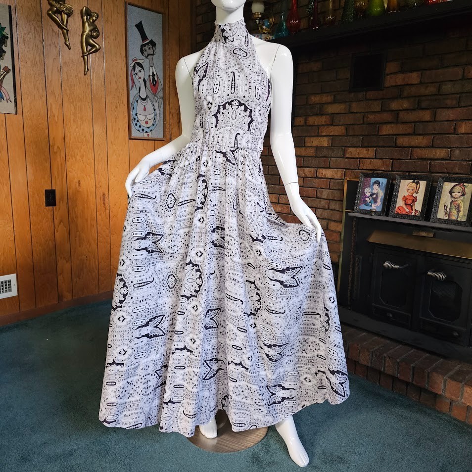 Vtg 50s 60s Bandana Novelty Print Backless Halter Full Circle Skirt Maxi Dress S