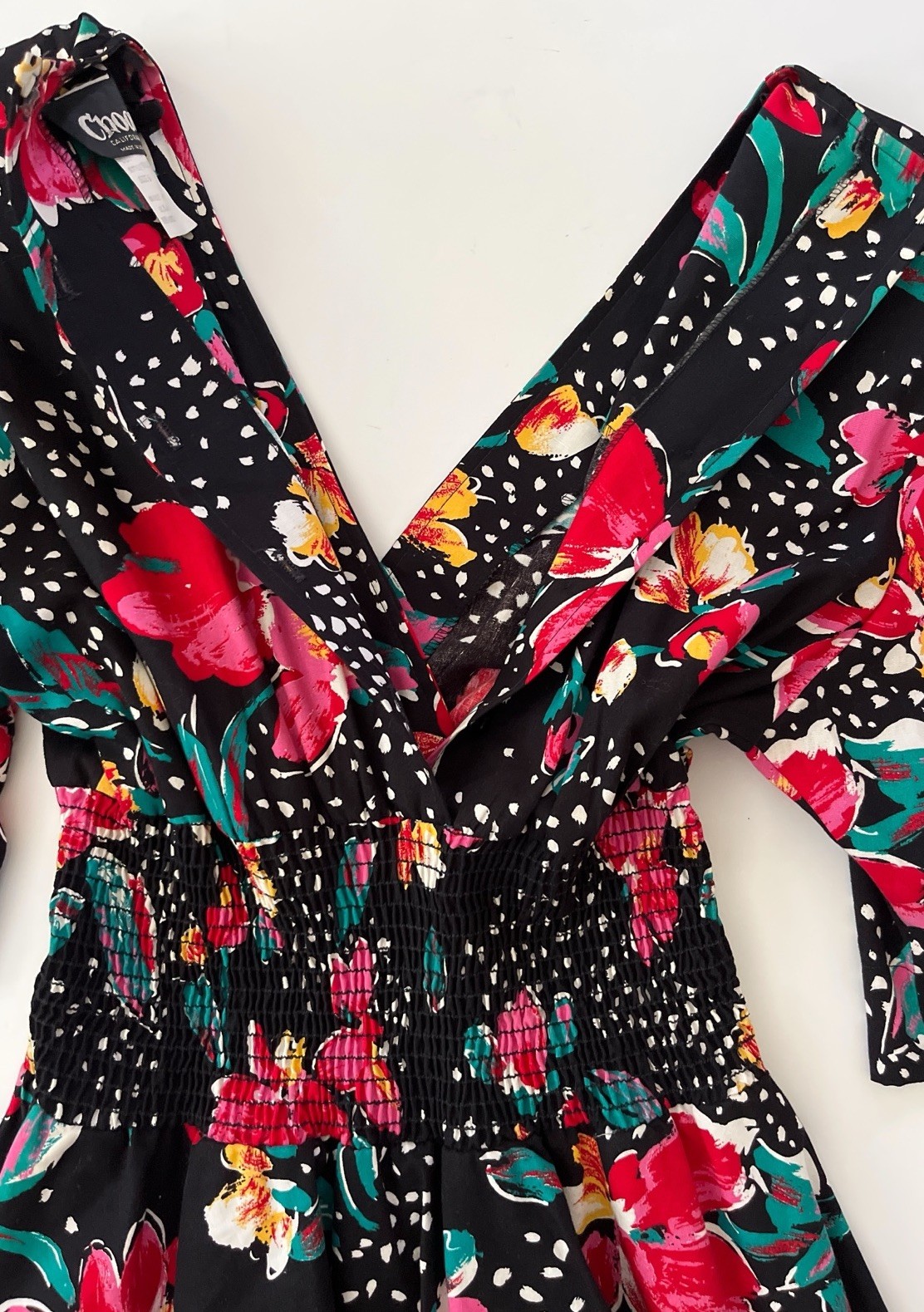 Vtg 80s Choon California USA Dress Women 6 Black Floral Print Peplum Cotton