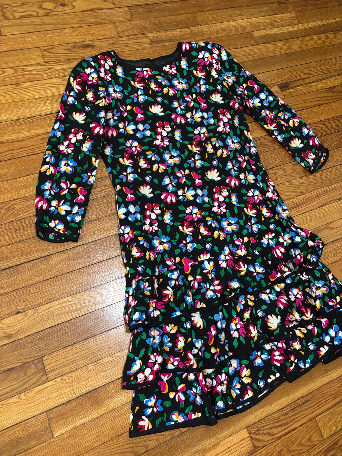 Vintage Richard Warren Womens 100% Silk Dress Sz 16 Black Floral Layered Ruffle