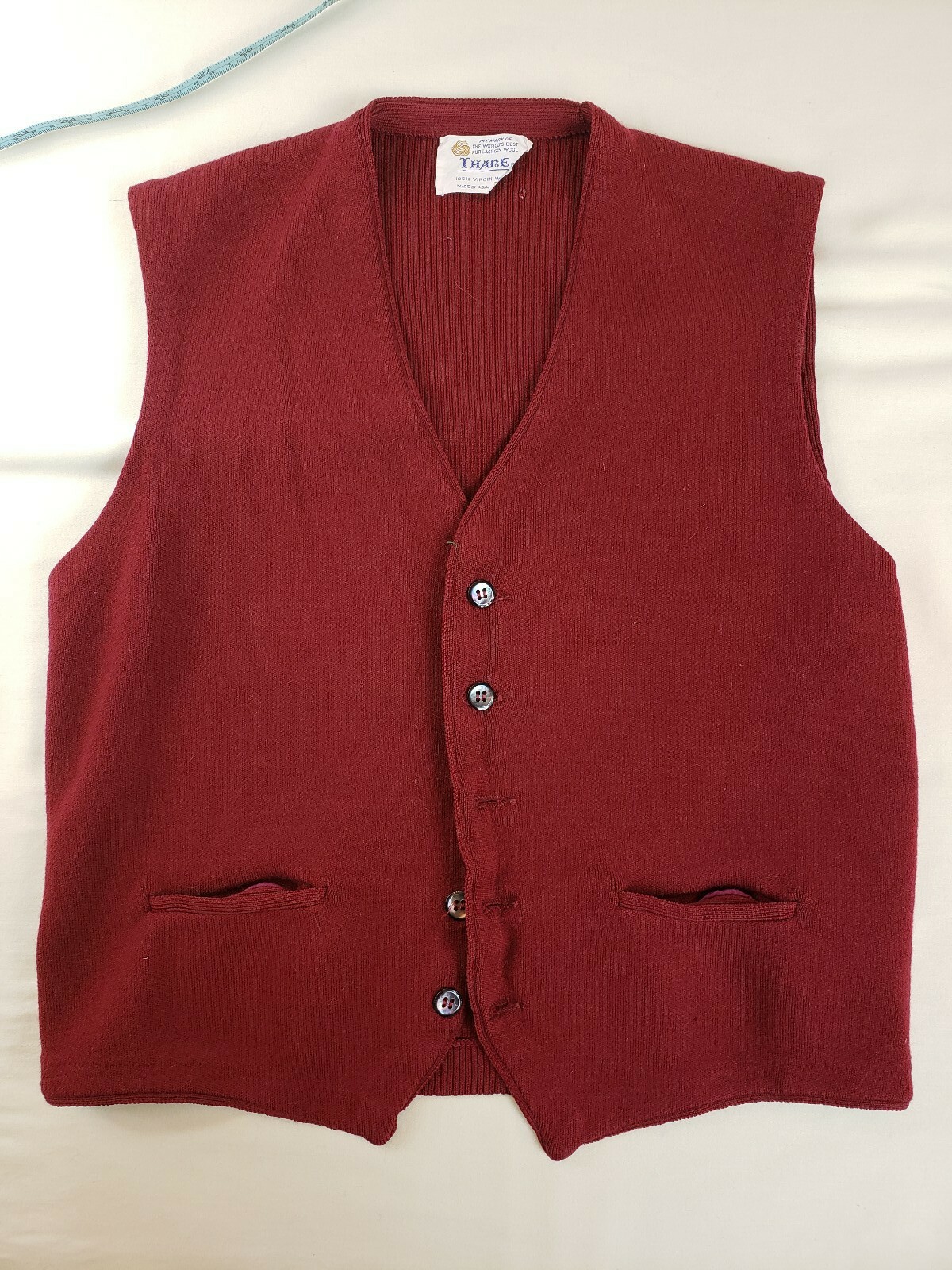 Thane Women’s L Maroon VTG Pure Virgin Wool Sweater Vest Buttoned Made in USA