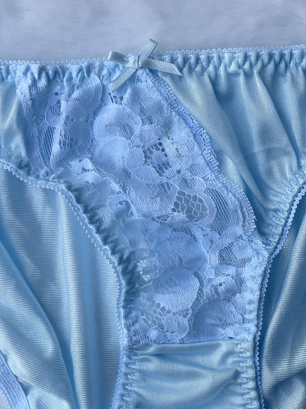 Vtg Slippery Powder Blue Nylon Panty Sheer Lace Hi Cut Briefs SZ.5-6 Hip 35-38″