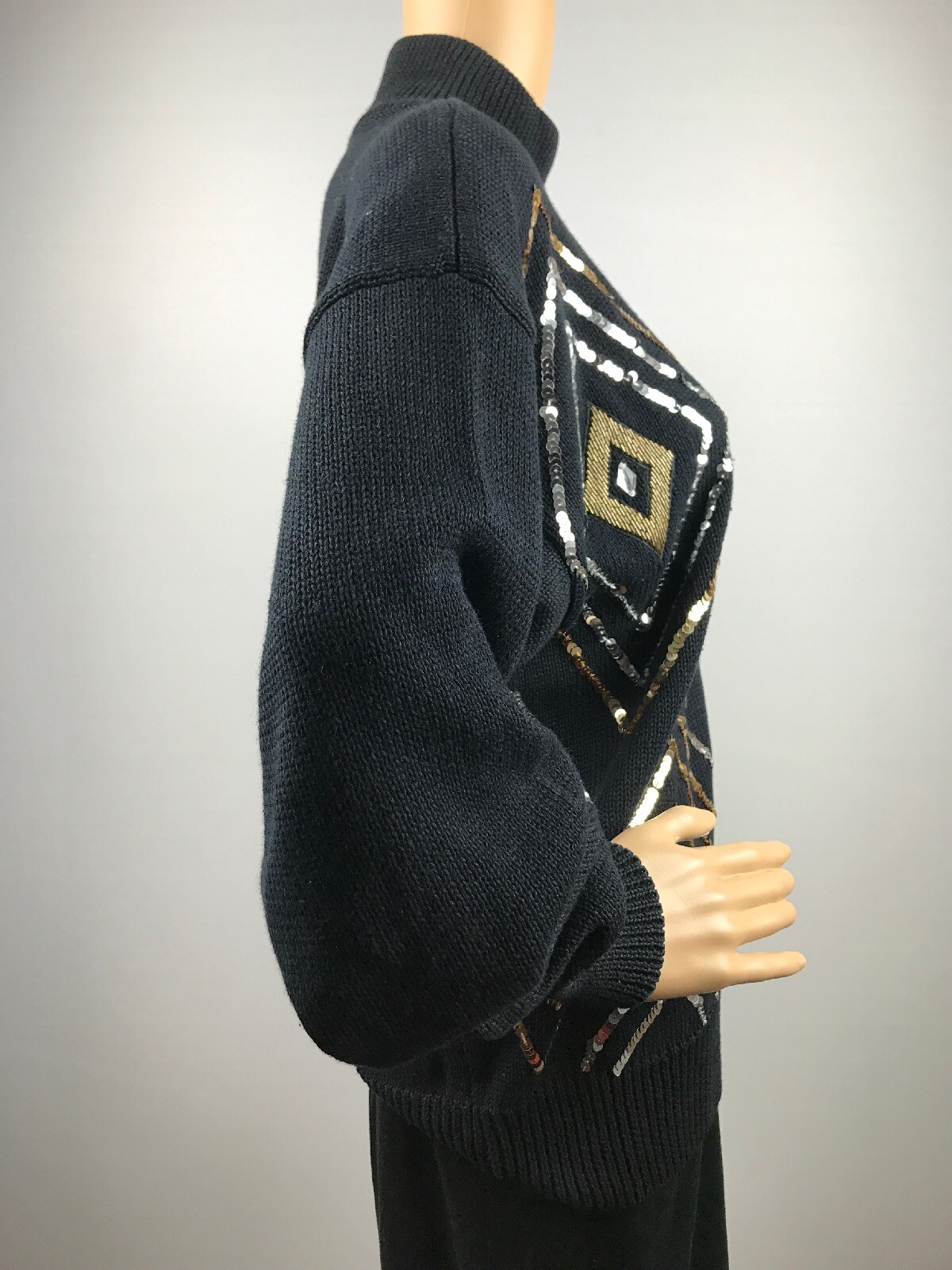 Vtg 80s I.B DIFFUSION WOMEN’S BLACK RHOMBUS SWEATER BEADED SEQUIN 52% Ramie Sz M