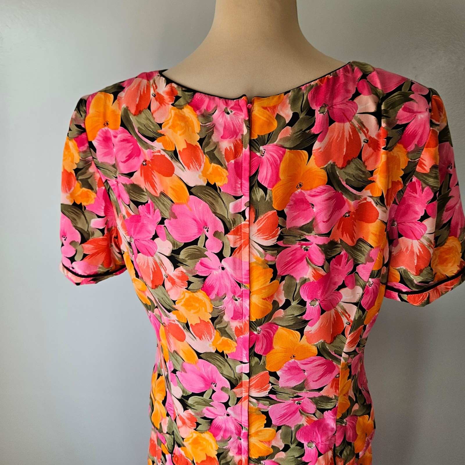 Maggy London Silk Dress Pink Orange Floral Tropical Vintage 90s Size 16 XL