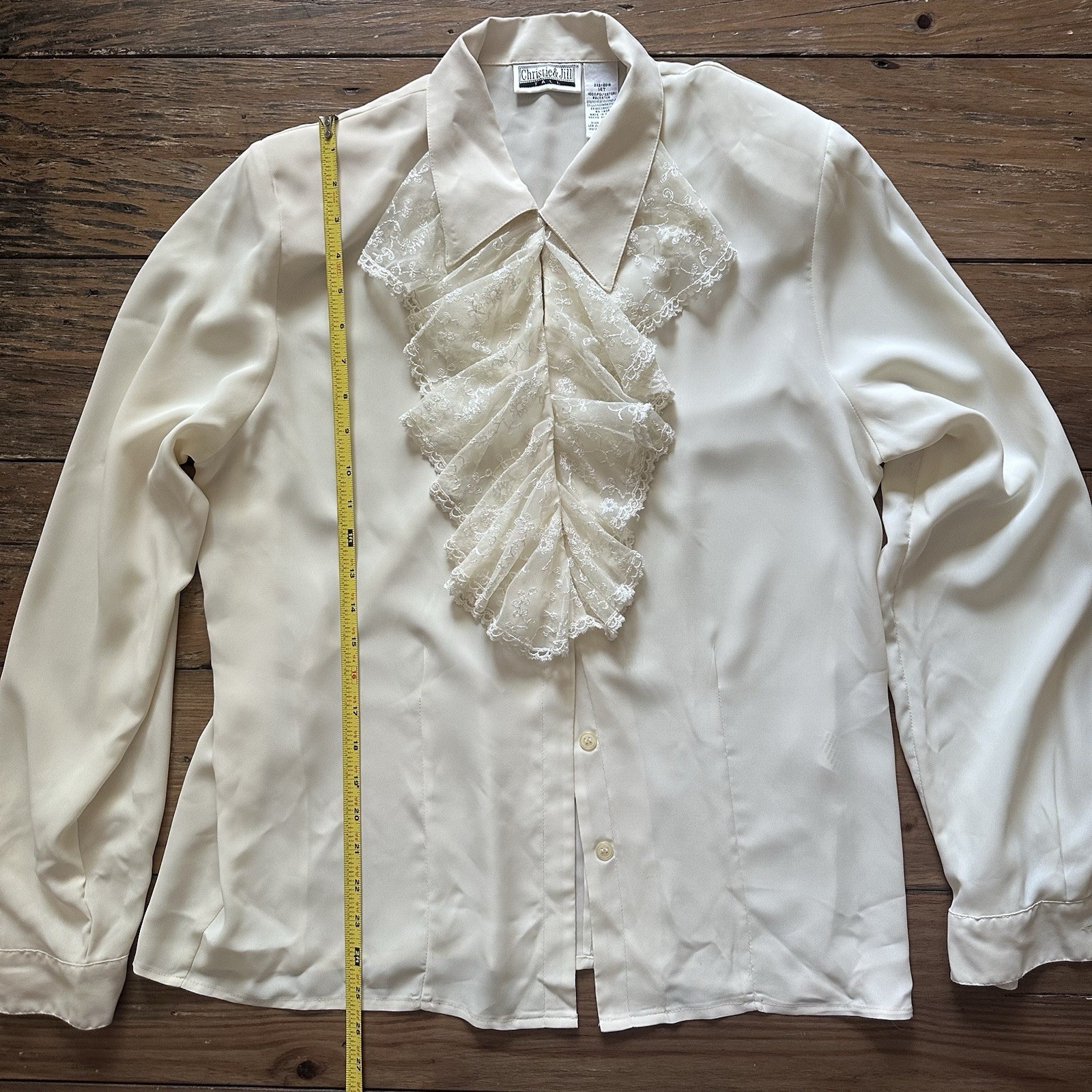 Vtg 80s Christie & Jill Blouse 14T White Lace Jabot Ruffle Secretary Romantic
