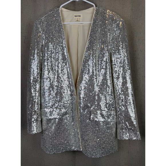 Open Edit Sequin Blazer Womens Medium Silver Single Button Sparkle NWT