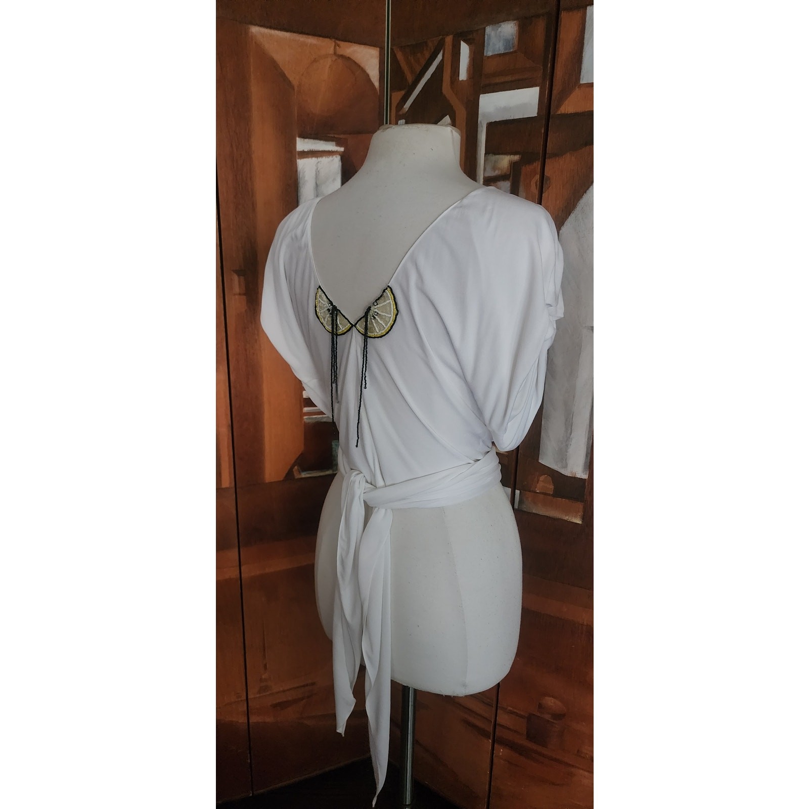 Vintage 1980s Holly Harp Top or Tunic Silk Jersey Fruit Sequins Beaded Fringe