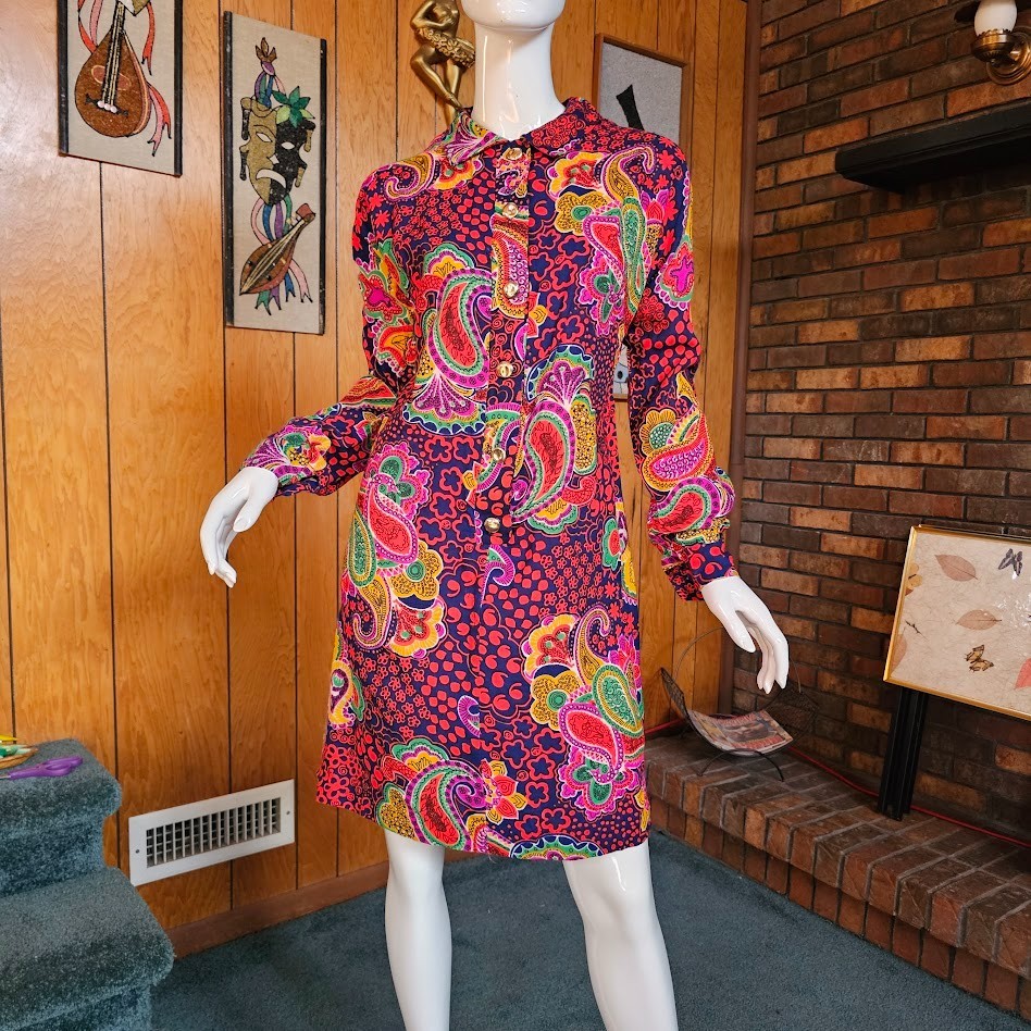 Vintage 60s Mod Psychedelic Geo Paisley Go Go Party Twiggy Shift Mini Dress M/L