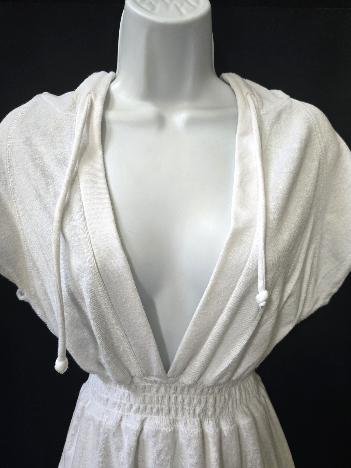 Sporty Sexy Cute Vtg 90s HANA SPORT Deep V-Neck Terrycloth Hoodie Mini Dress L