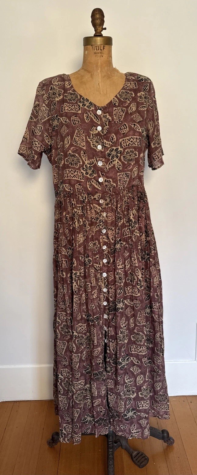 Vintage Gauzy Button Front Cotton Dress Floral Tribal 90’s Grunge Boho Cottage L