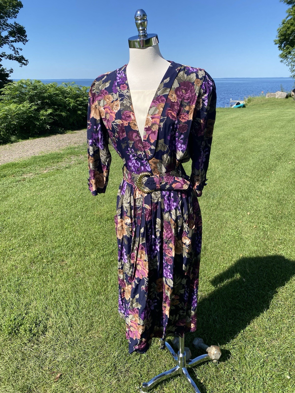 Vtg 1990s Blue Floral Print Dress Rayon Midi With Matching Belt Size 10