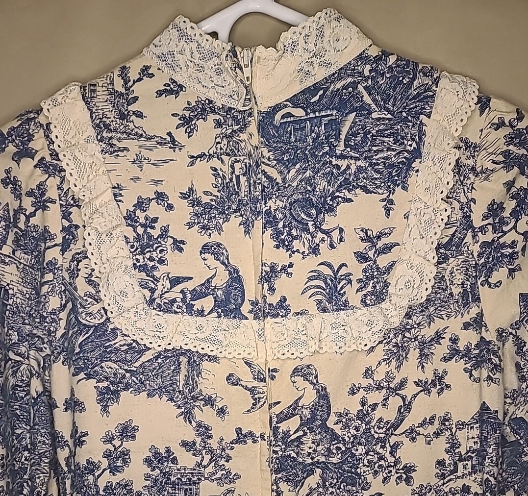 Gunne Sax Jessica Mcclintock Toile De Jouy Prarie Dress Vtg 70s Sz 9 Blue Cream