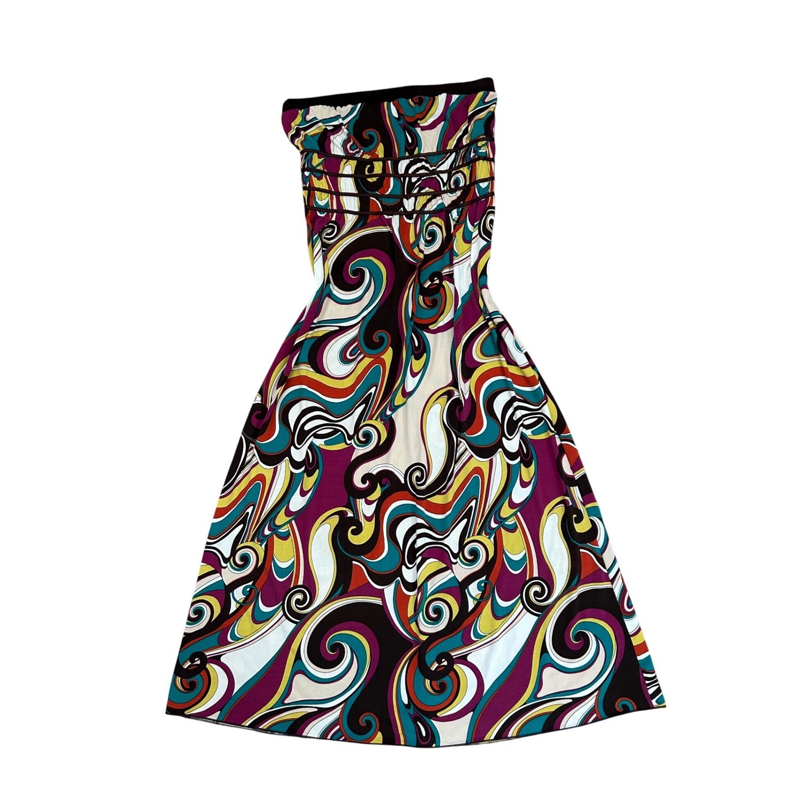Vtg Strapless Maxi Dress Psychedelic Swirl Print Brown Multi M boho Funky resort