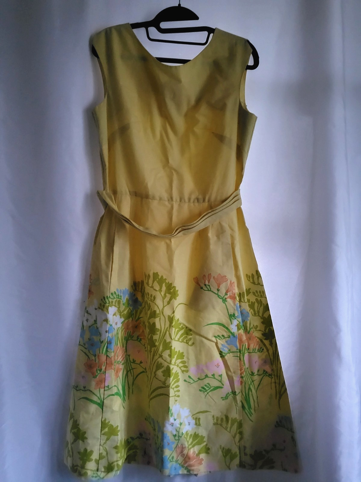 vtg women day dress pat premo california S/M cotton yellow floral midi 50’s 60’s