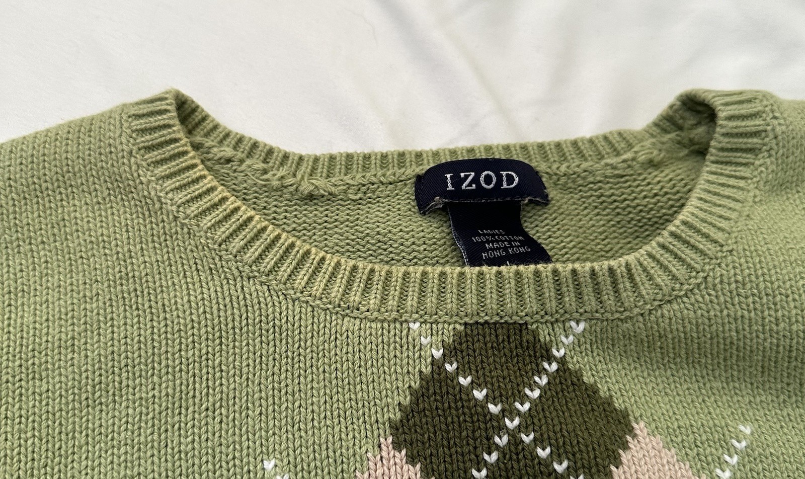 Vintage 90s Izod Light Green Argyle Cotton Sweater Sz L Preppy Tennis Pastel