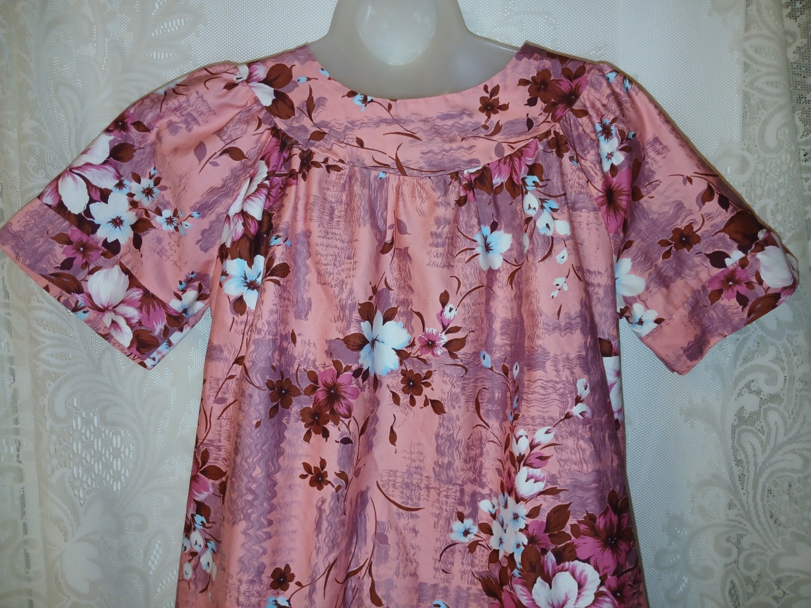 Vintage 70s Sears Hawaiian Pink Floral Cotton Muumuu Caftan Tiki Oasis Dress S