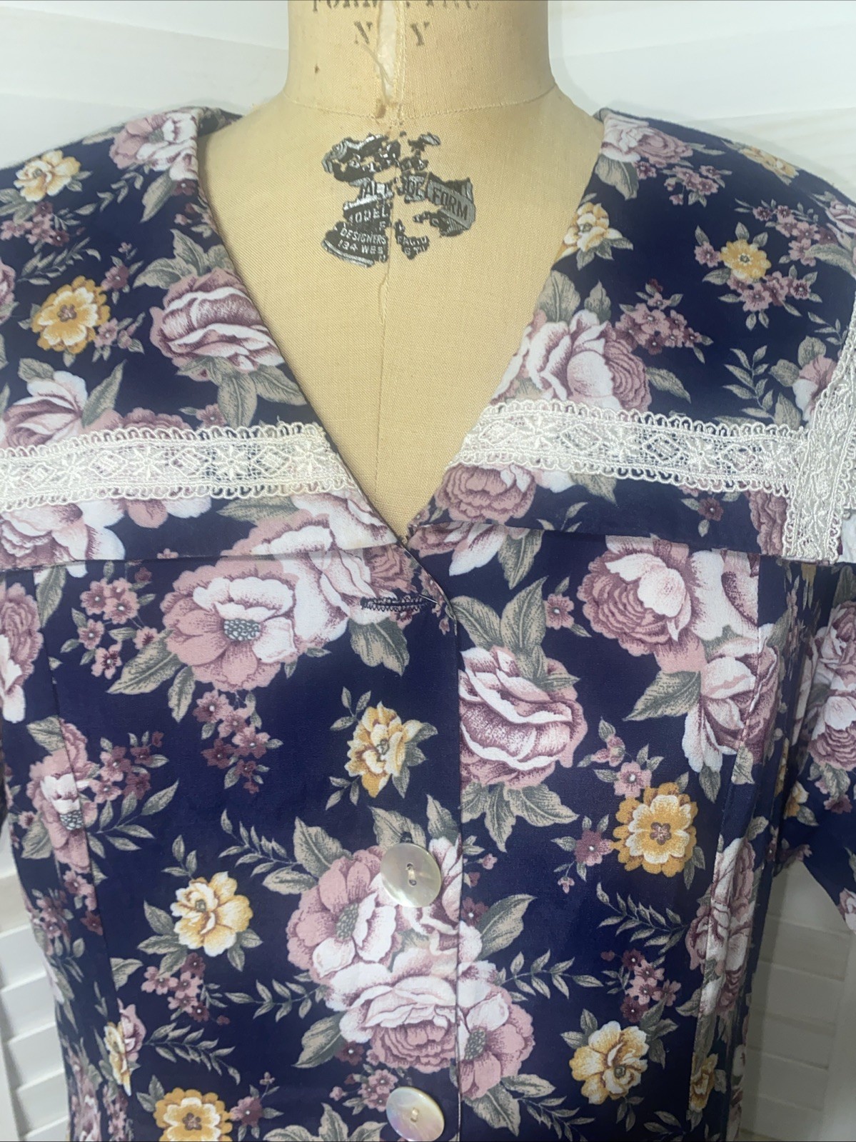 Vtg 80s Betsys Things Modest Cottagecore Navy Floral Rayon & Lace Midi Dress LRG