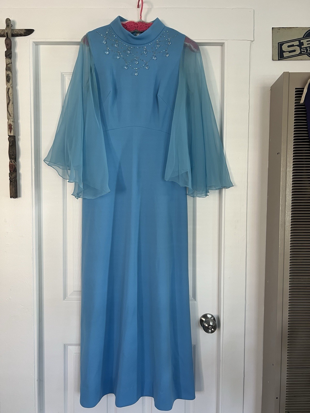 Vtg 70 Miss Rubette Maxi Dress Sheer Angel Sleeve Prong Rhinestone Teardrop L/XL