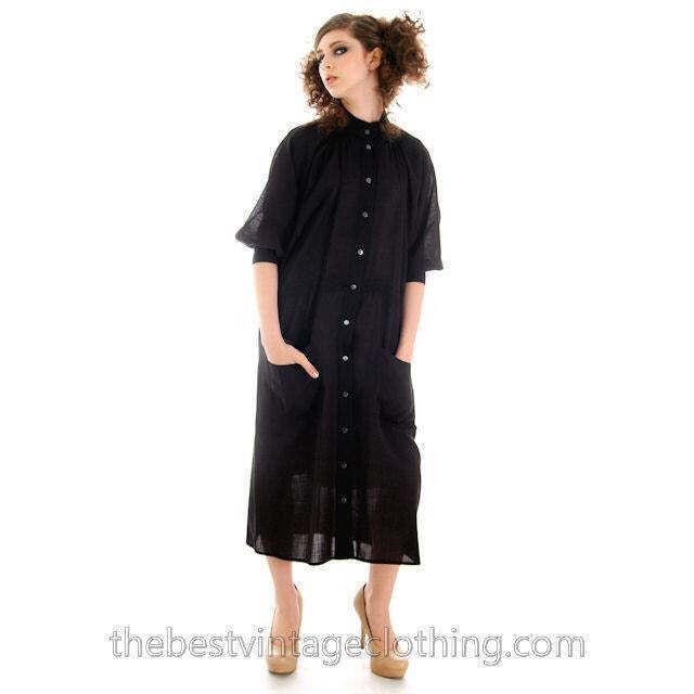 Vintage Vuokko Suomi Finland Sheer Fine Wool Dress Snap Front Black 1970s XS
