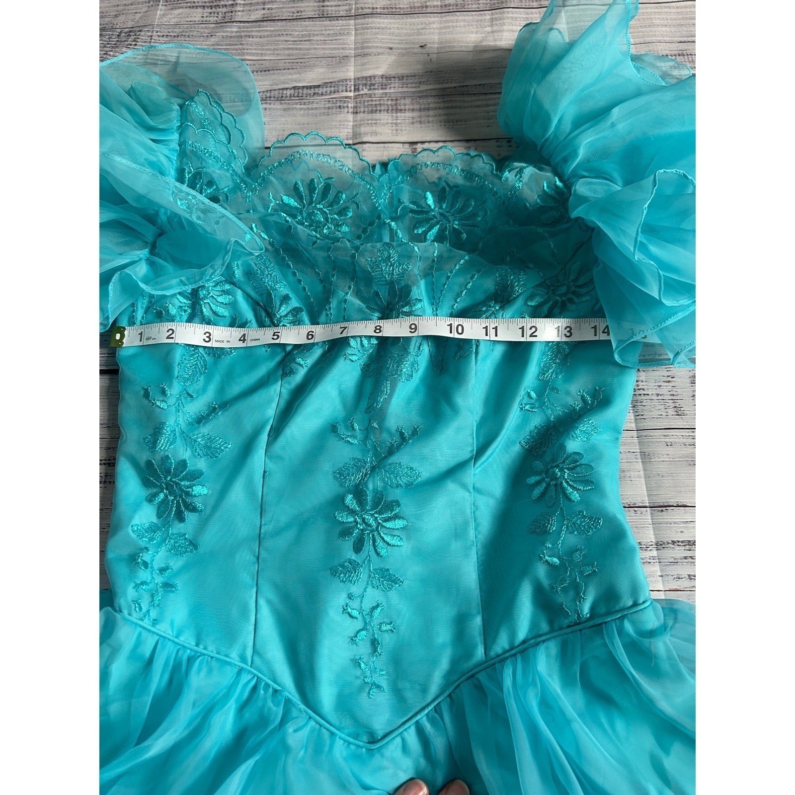 VTG Eve of Milady Formal Gown Bridesmaid Turquoise Embroidered Chiffon ILGWU 10
