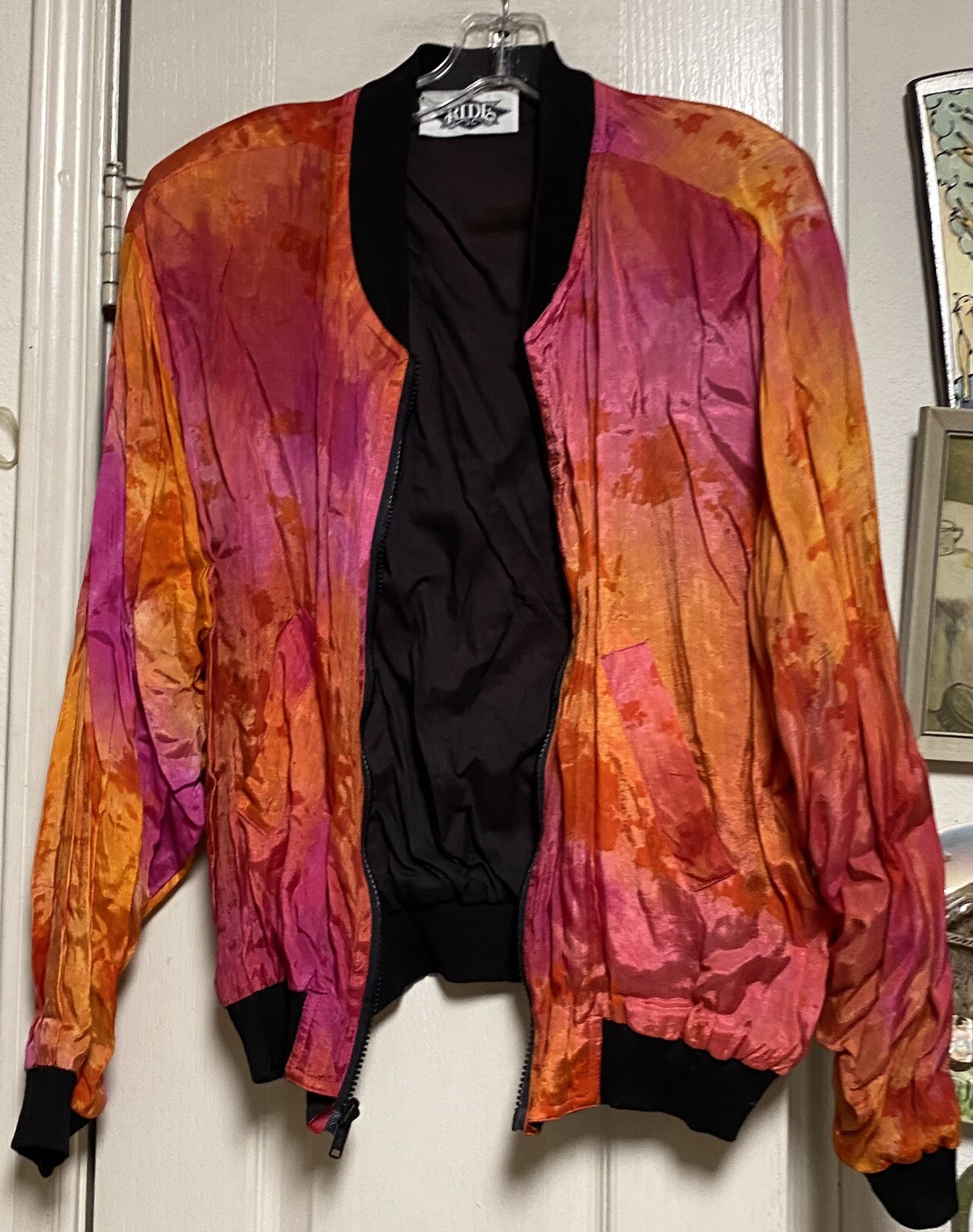 Vintage RIDE Rayon/Cotton Fuchsia Orange & Black Bomber Jacket W/Shoulder Pads