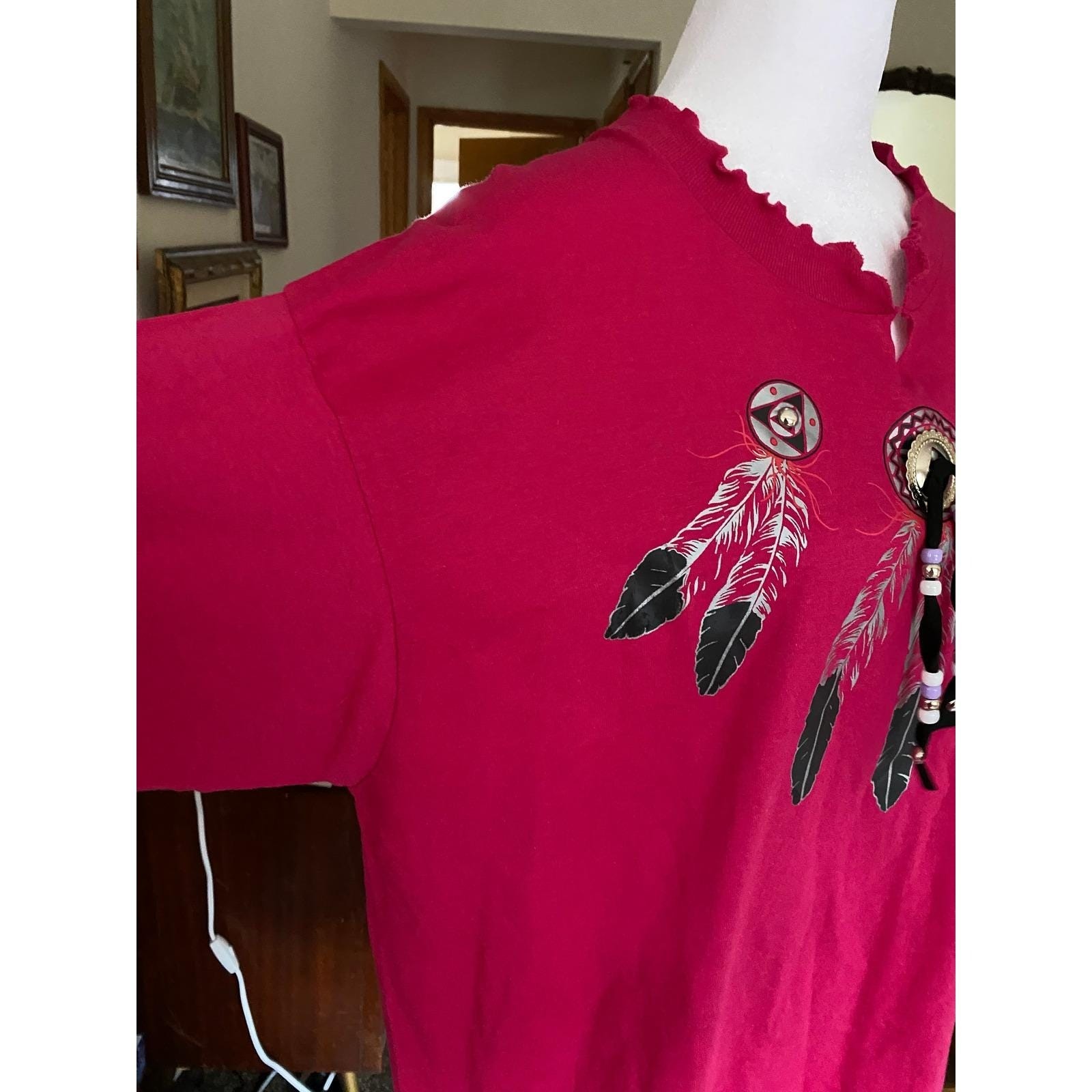 Vintage Beaded Feather Pink T Shirt XL Western Cowgirl Native Rodeo Bedazzled