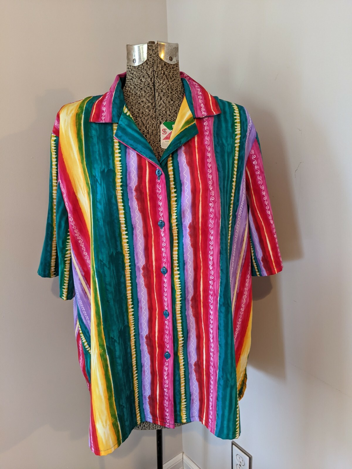 Vtg Bon Worth Women’s Rainbow Shirt Button Up Short Sleeve Pride Bold Grandma