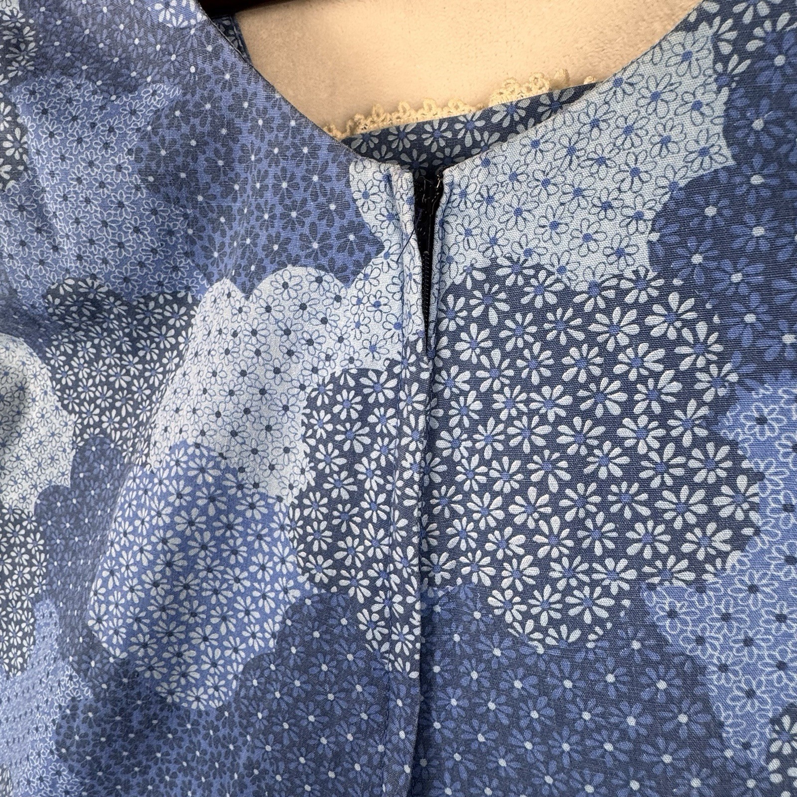 Vintage Penneys Hawaii Blue Floral Cotton Maxi Dress Pockets Lace Trim 9 S
