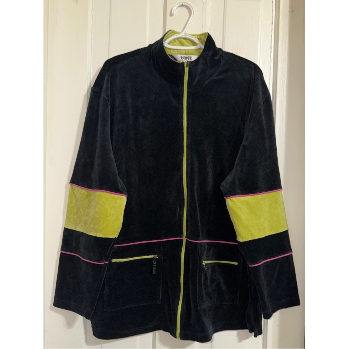Women’s plus size 2X Black Velvet Jacket with Lime Accents and Pink 70 80s coat