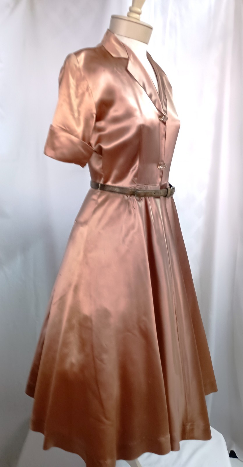 Vintage 50’s Gold Rayon Satin Shirtwaist Short Sleeve Dress & Belt Medium