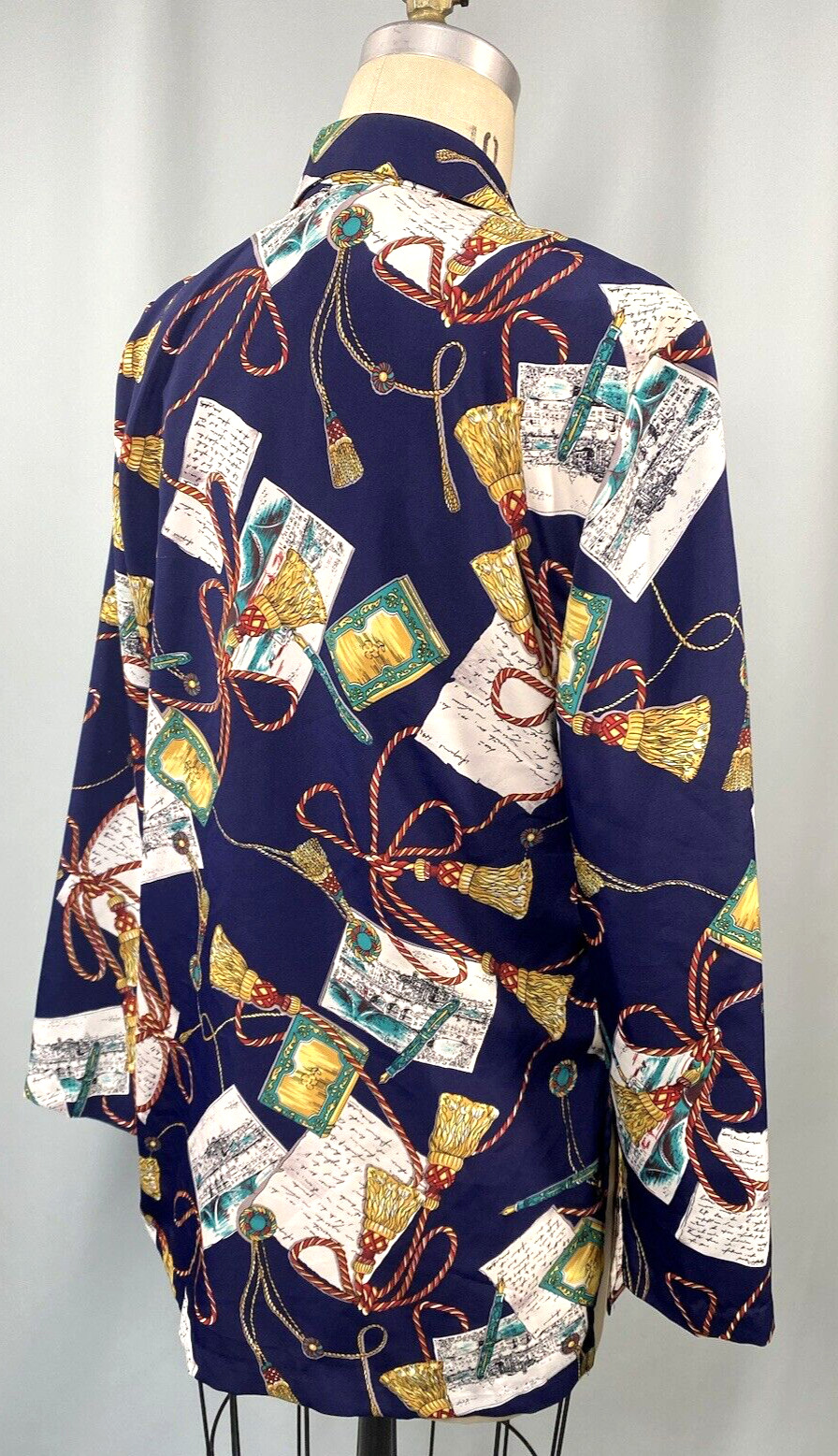 Vintage Women’s Jacket SIZE MEDIUM blue post card writing tassel 80s 90s