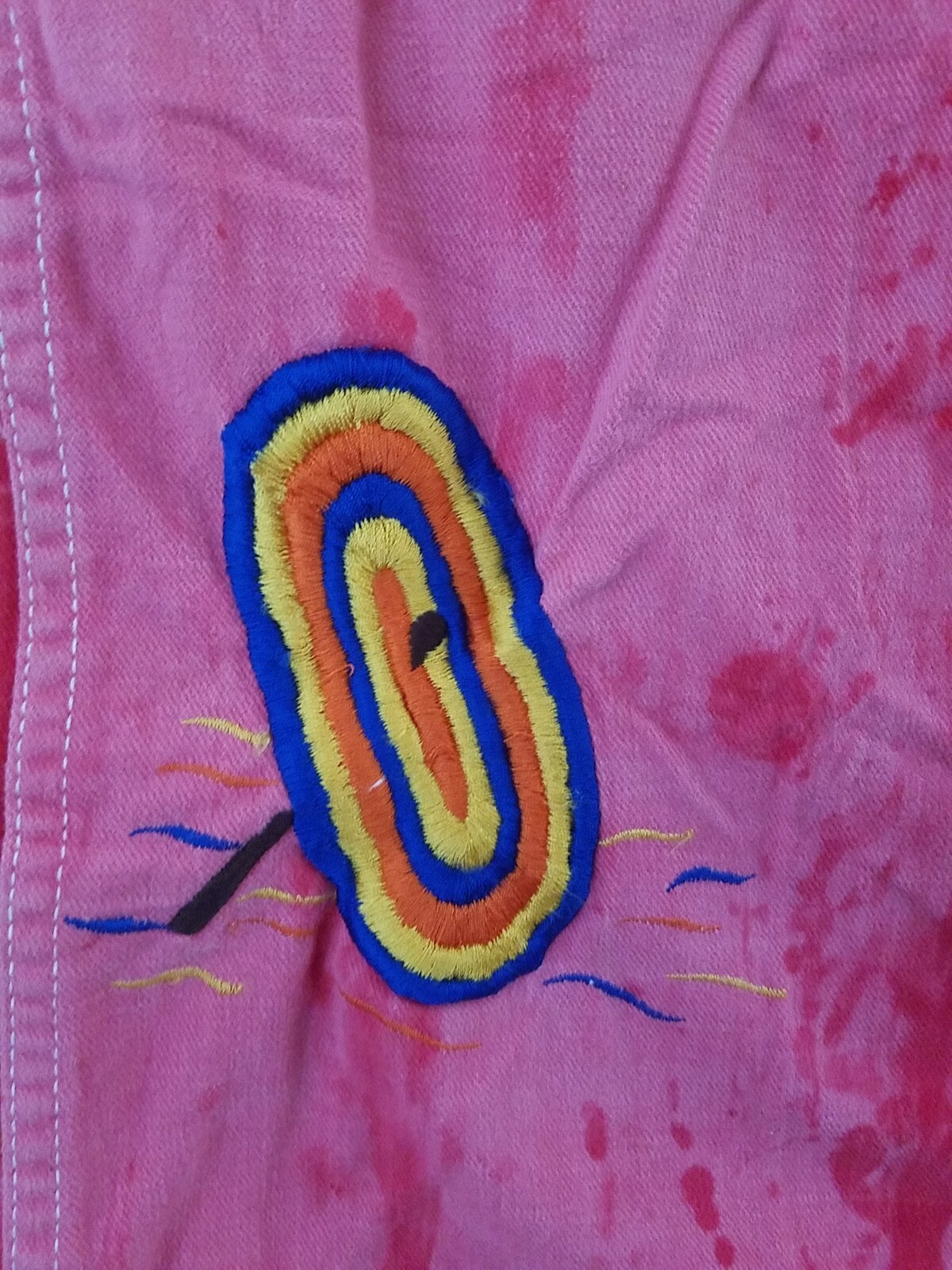 Vintage 70s Red Tie Die Wide Leg Jeans w/embroidery, Youth/Teen size 28″ x 26″