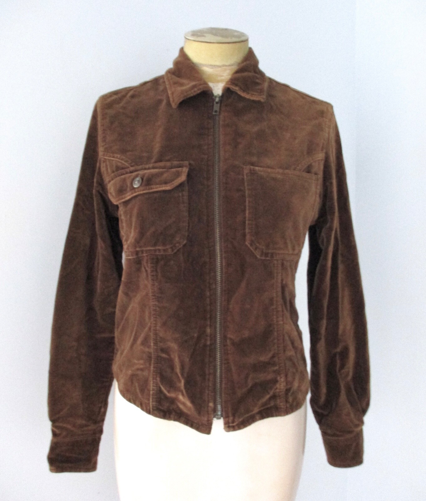 Vtg 90s Y2K brown cotton velvet collared zip front jacket chest pockets QUIZZ S
