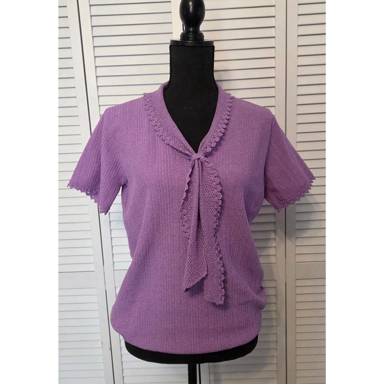 Vintage Keneth Knits Lavender Ribbed Knit Sweater with Crochet Tie Collar