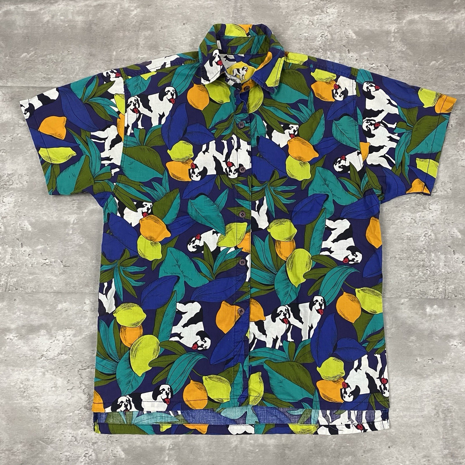 vintage 90s BIG DOGS womens button up shirt M Hawaiian Fruit Lemon Lime aop