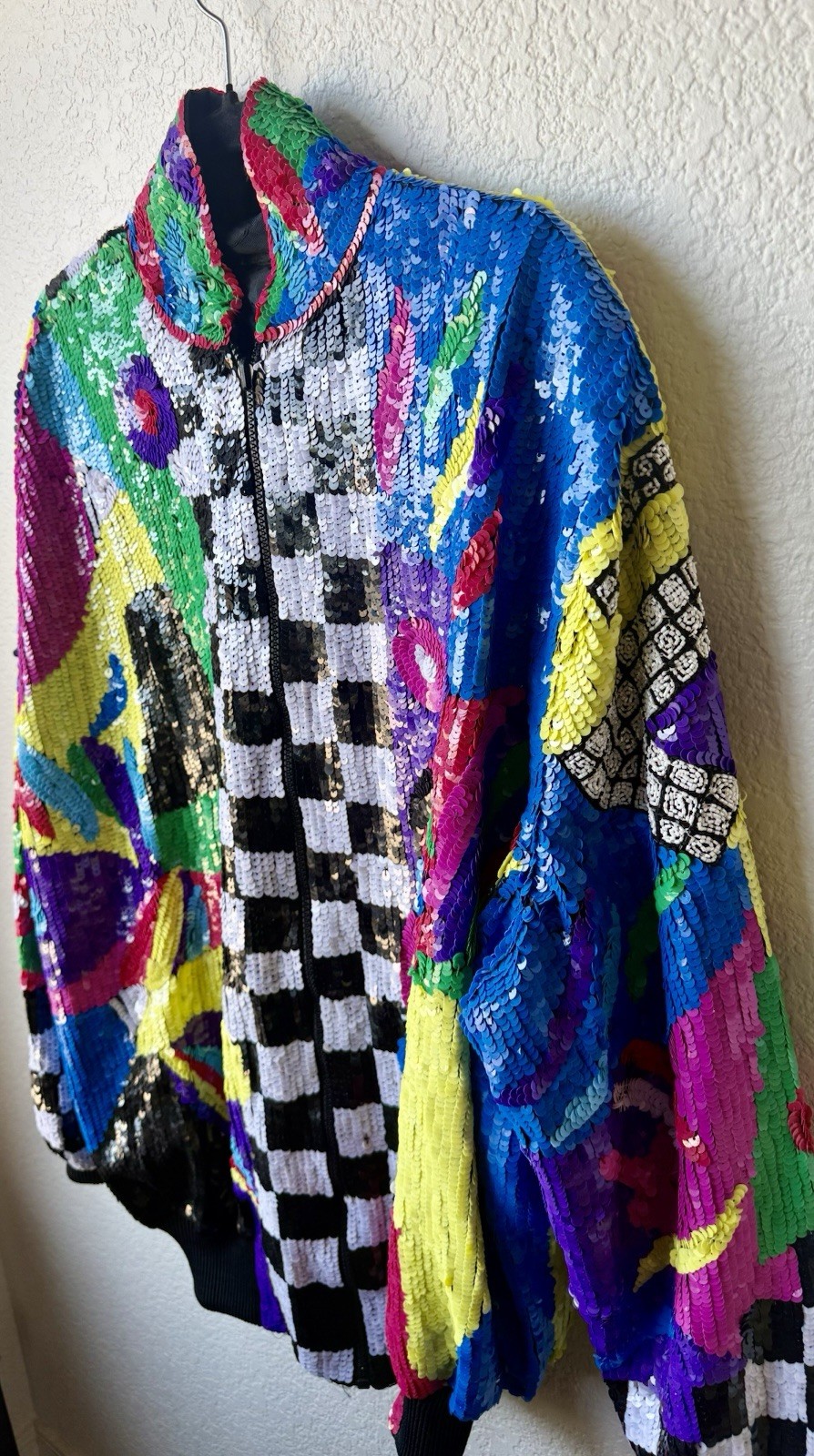 Vintage 80s Sequin Beaded Colorblock Art Deco Zip Jacket Statement Coat Glam XL