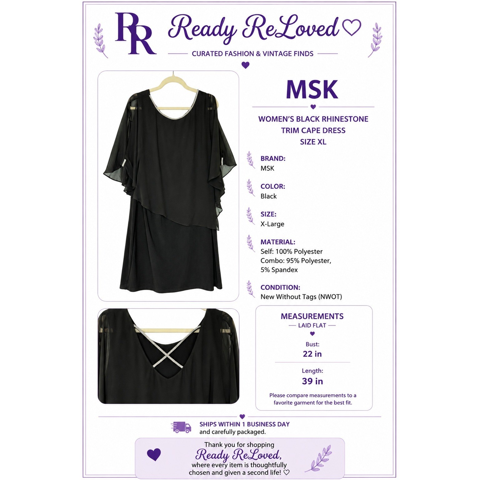 MSK Women’s XL Black Rhinestone Trim Cape Overlay Cocktail Dress NWOT