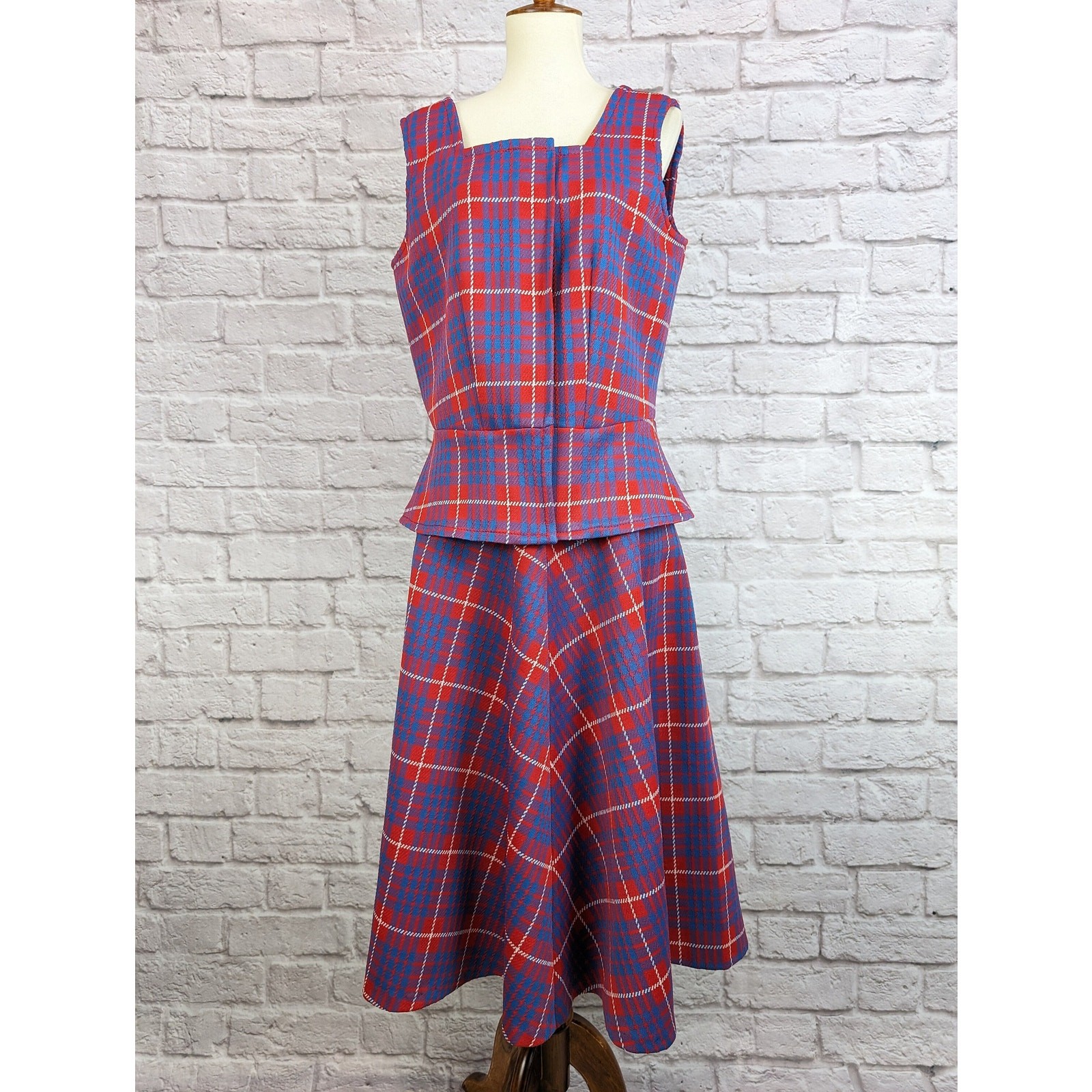 Vintage Mod 2 Piece Plaid Dress Red Blue Plaid Skirt and Vest Shirt Medium Large