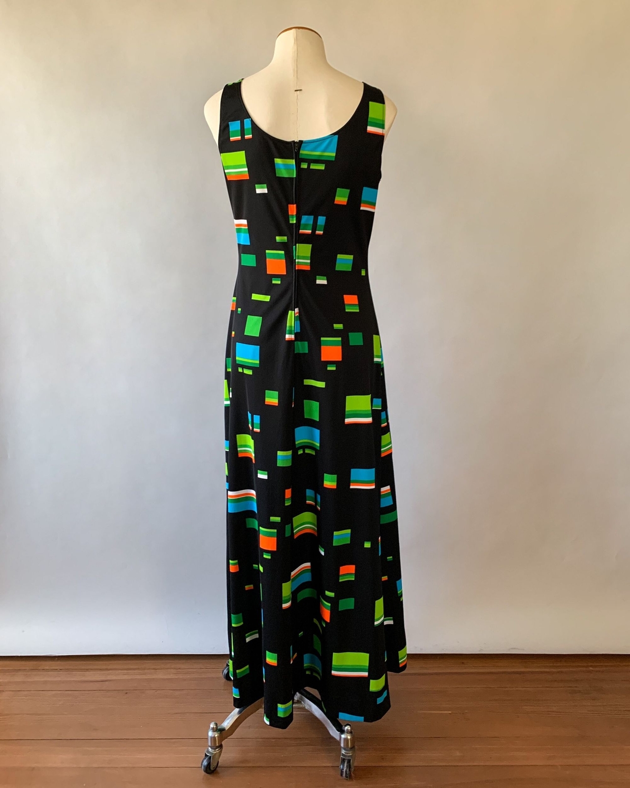 Vintage 1970s Black Green Multi Geometric Sleeveless Maxi Dress Jacket Set S M