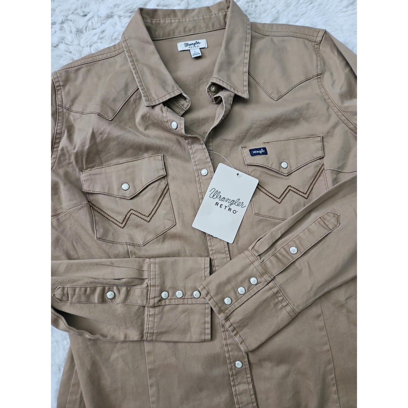 Wrangler Retro NWT Western Pearl Snap Shirt L Tan Khaki Cowgirl Ranch