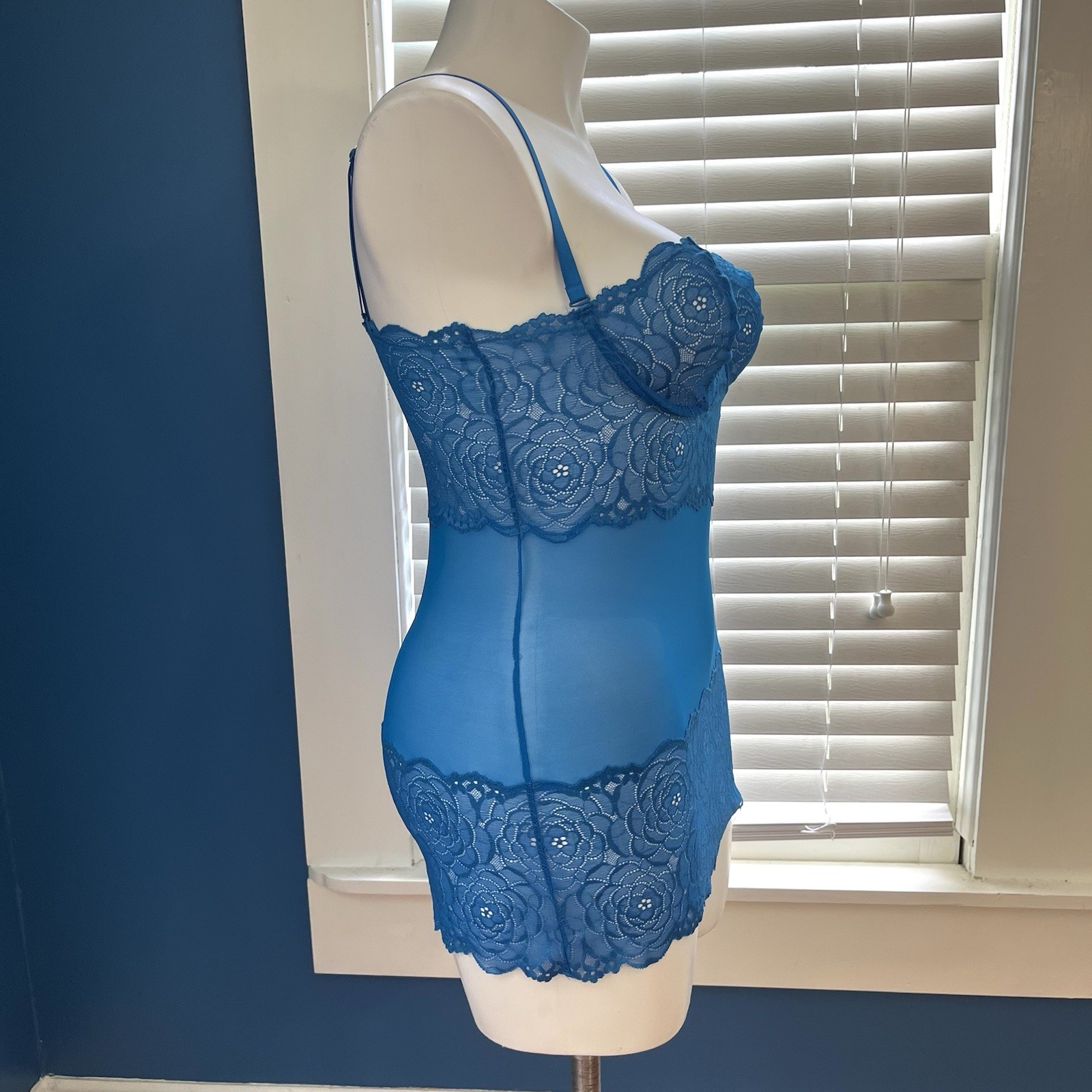 VTG 90s FREDERICK’S OF HOLLYWOOD Teal Blue Underwire Stretch Lace Nightie SZ XL